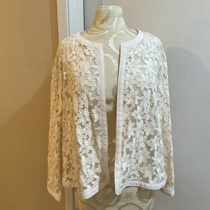 Anne Klein Embroidered Floral Cream Sheer Open Front Cardigan Jacket 20 W